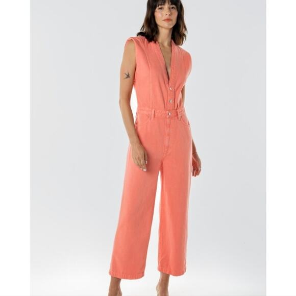 Etica Anthropologie Camden Denim Jumpsuit Coral Wide Leg Utility Small NWT - Picture 1 of 15